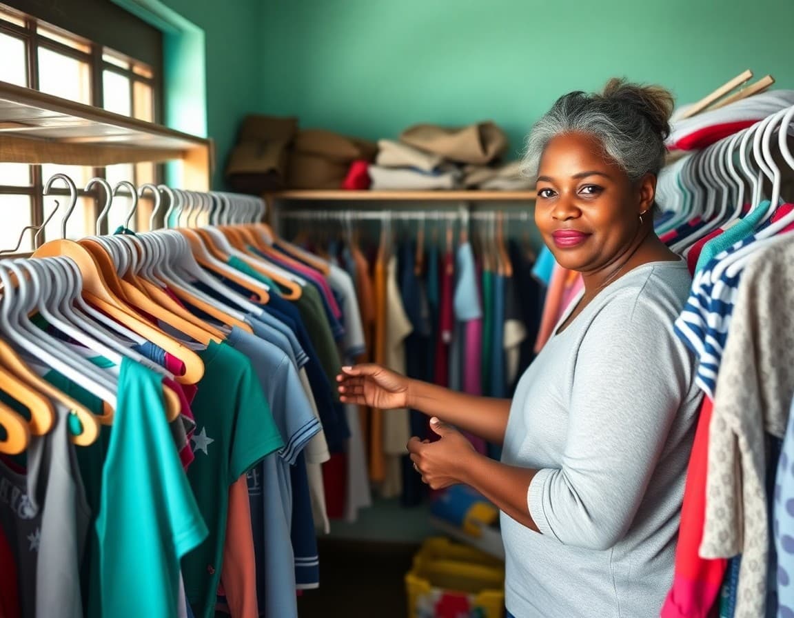 Volunteer organizing donated children's clothing on racks in rural school clothing closet