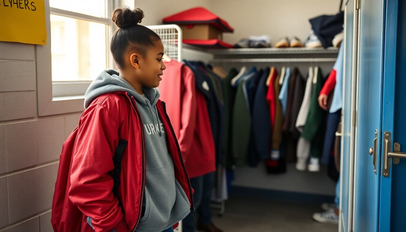School clothing closet stocked with donated jackets shoes and uniforms for students