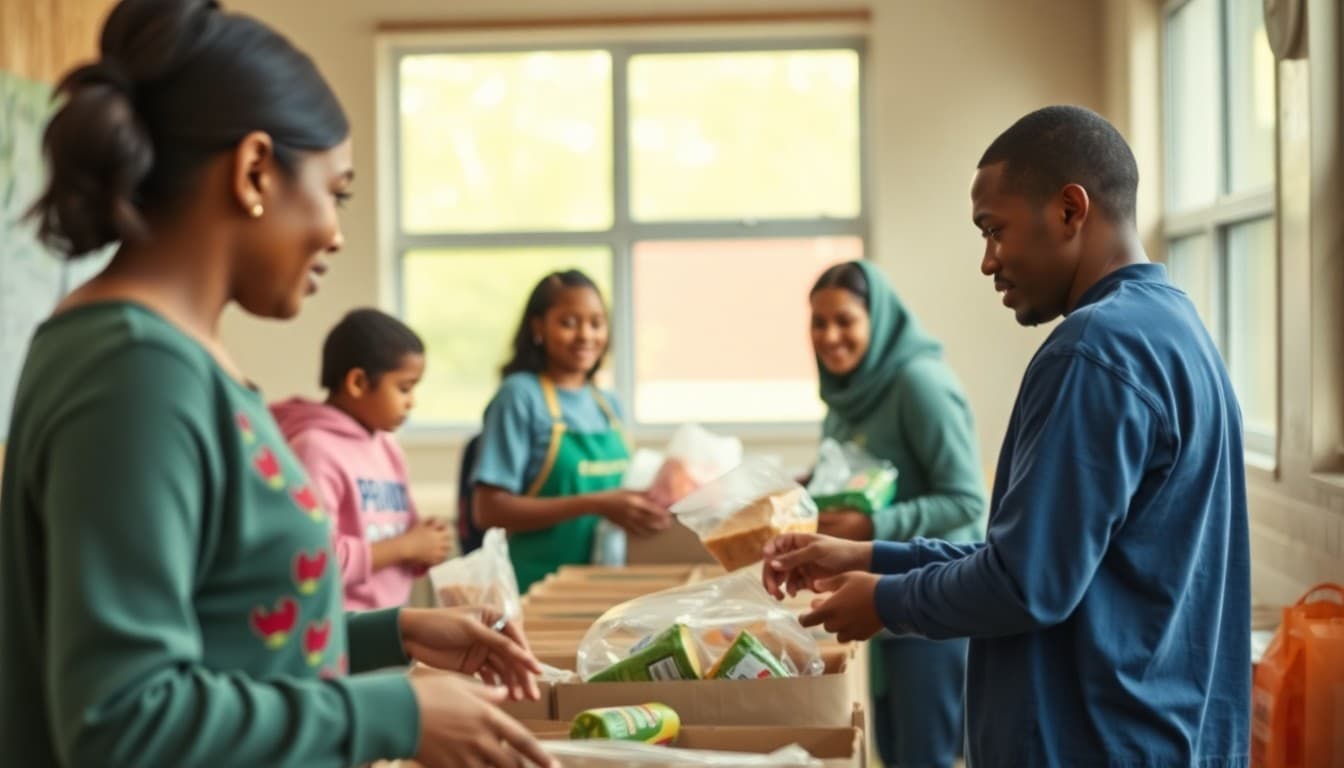 School hosting mobile food pantry for food-insecure families with community members distributing food