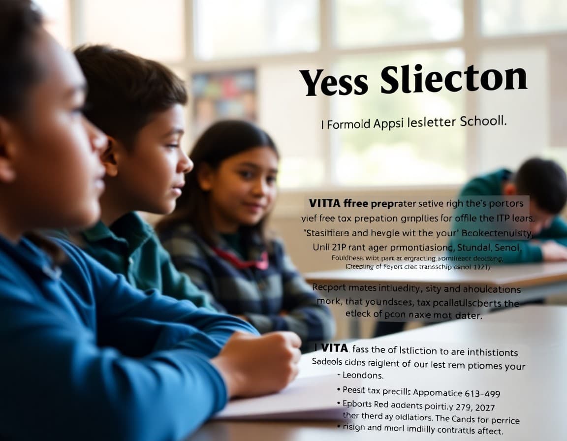 School newsletter announcing VITA free tax preparation service with eligibility and appointment details
