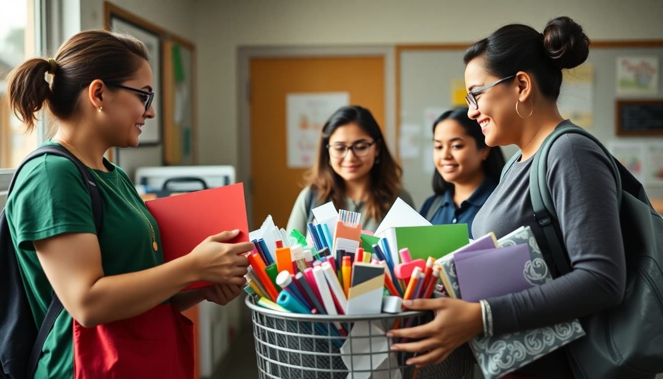 School staff collecting donated school supplies for low-income students in need at the start of school
