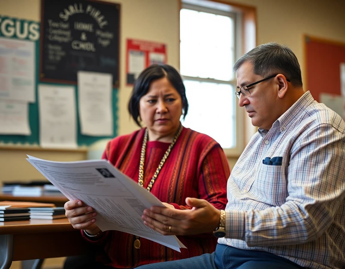 A South Dakota tribal school principal reviewing family communication materials for Pine Ridge and Rosebud families