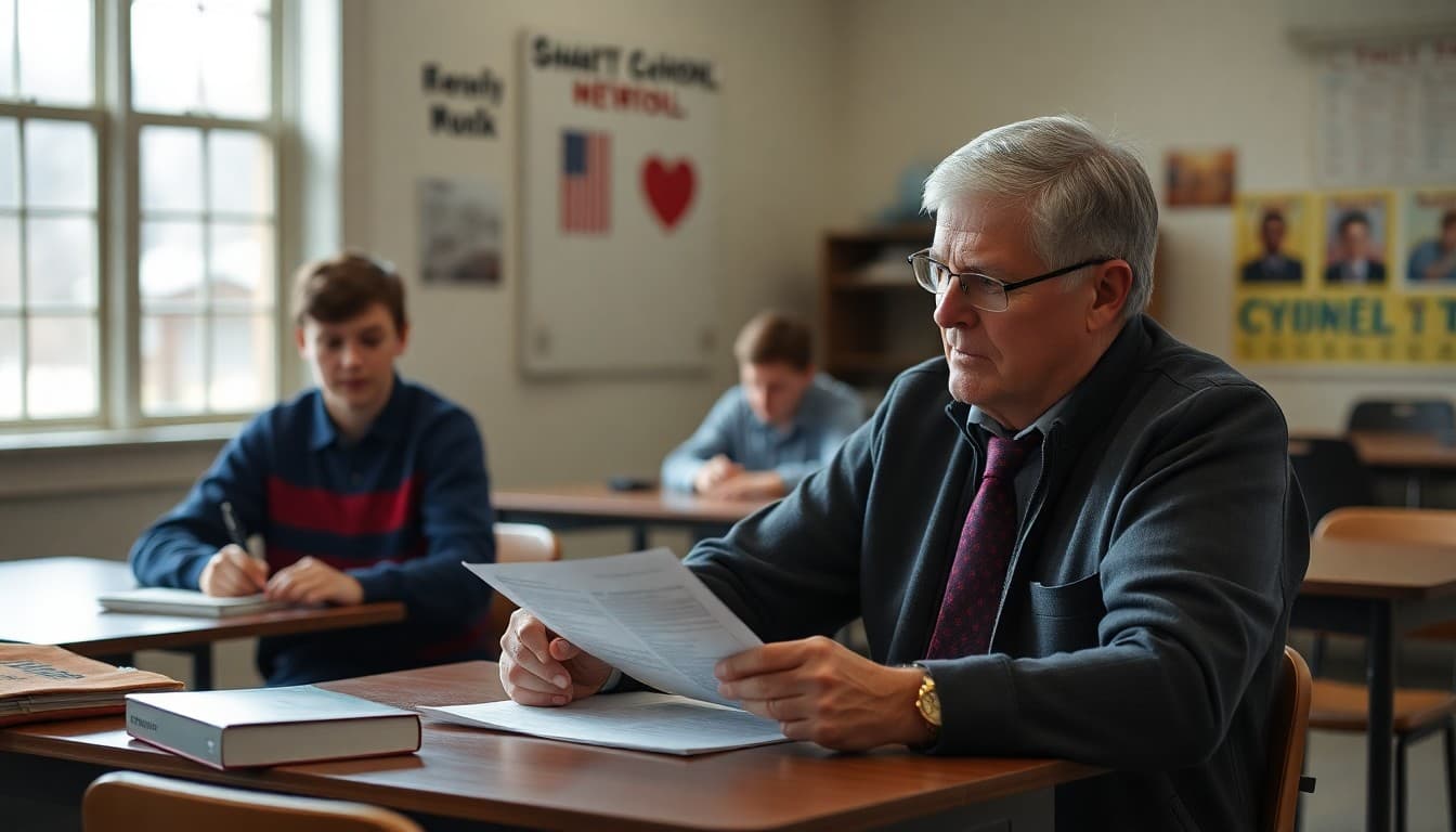 Small town school principal writing a community newsletter in a close-knit rural school setting