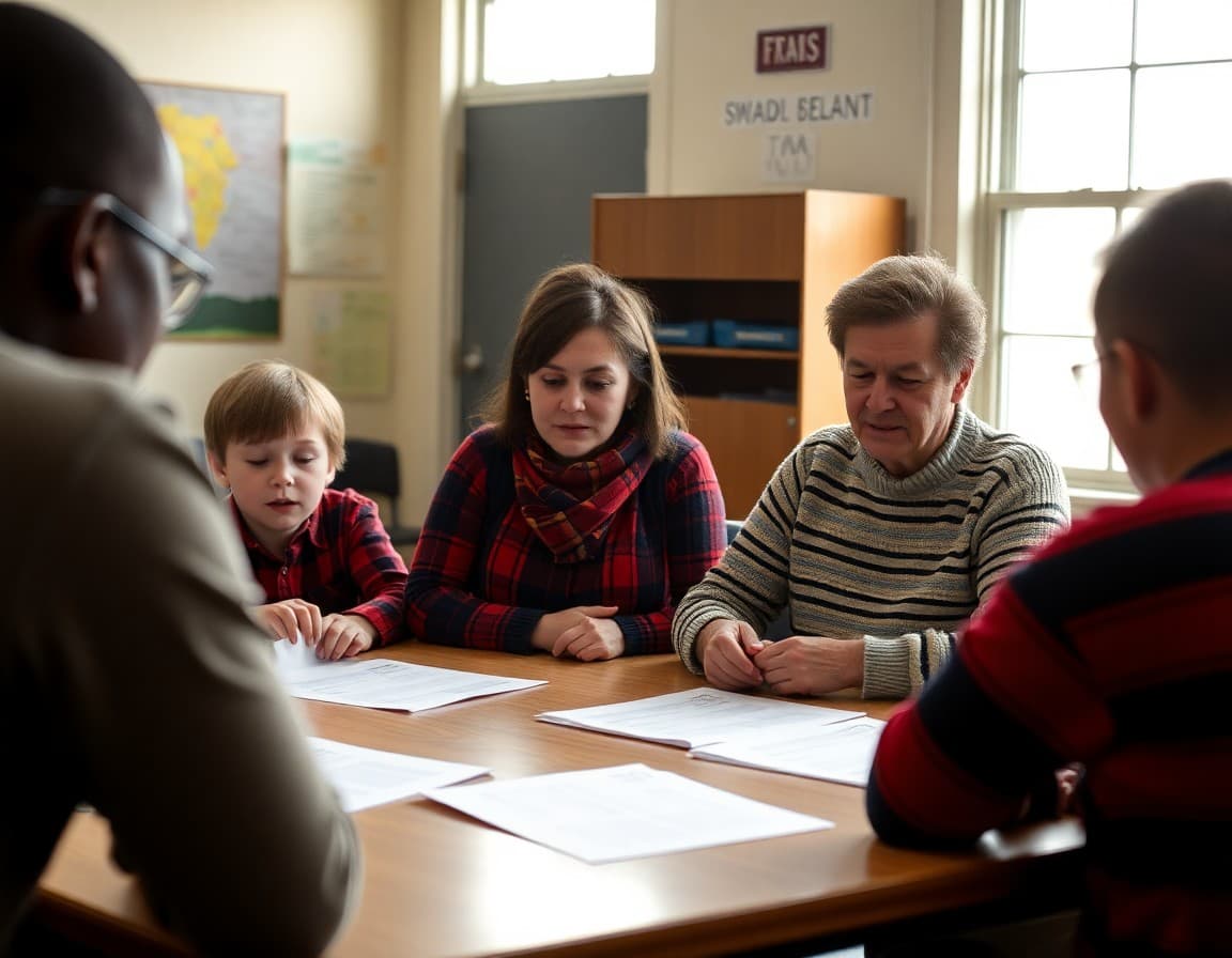 Rural school parents reviewing Title I plan documents at advisory committee table