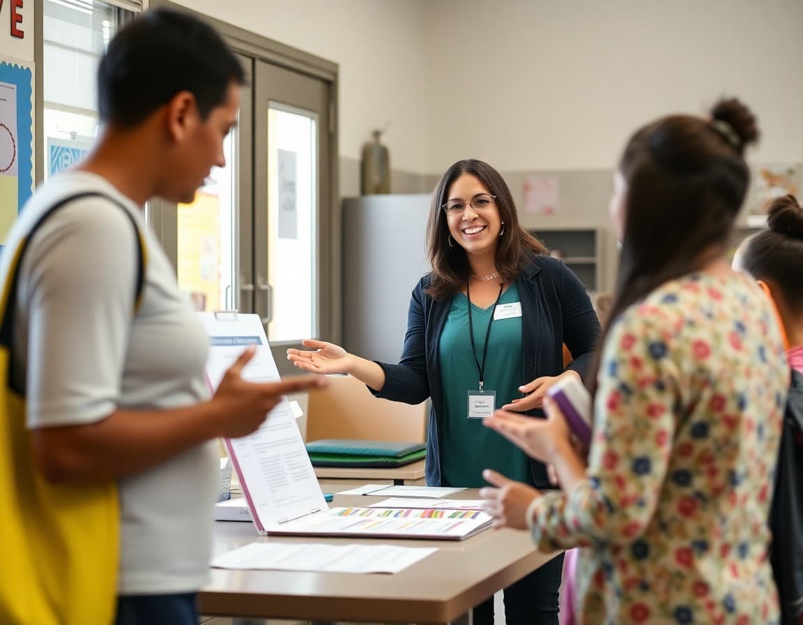 Teacher welcoming Title I school families at an open house information table