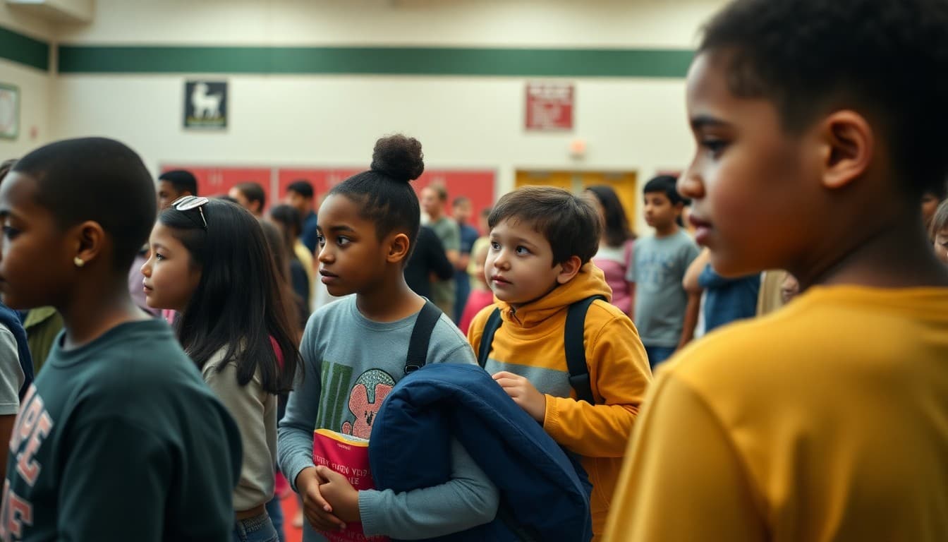 Title I school families gathering for an open house evening event in a school gymnasium