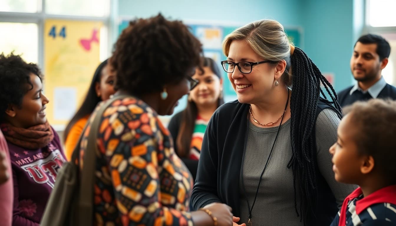 Title I school teacher engaging diverse parents at a community engagement event