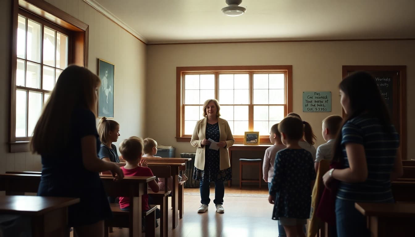 A Tennessee Appalachian rural school near the Great Smoky Mountains foothills with a teacher greeting families