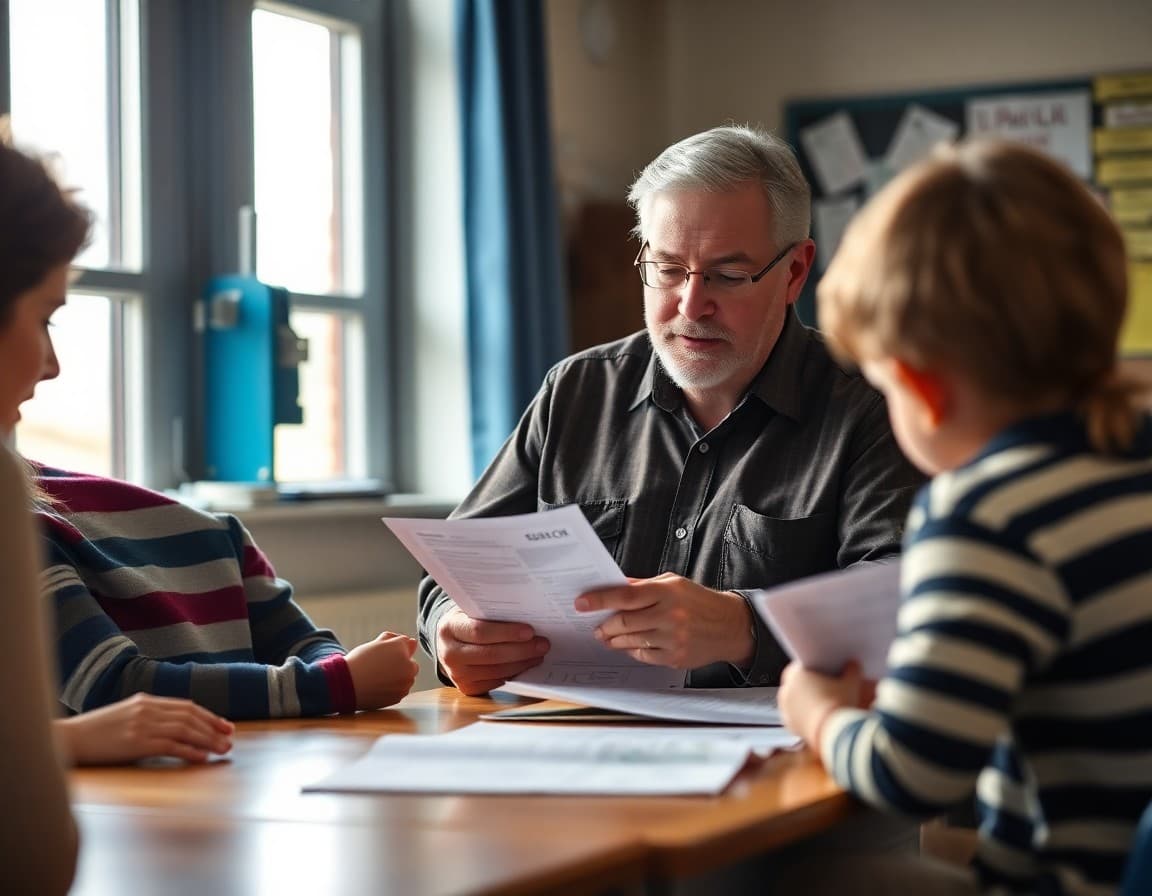A Utah rural school principal reviewing family communication materials for San Juan County tribal and agricultural families