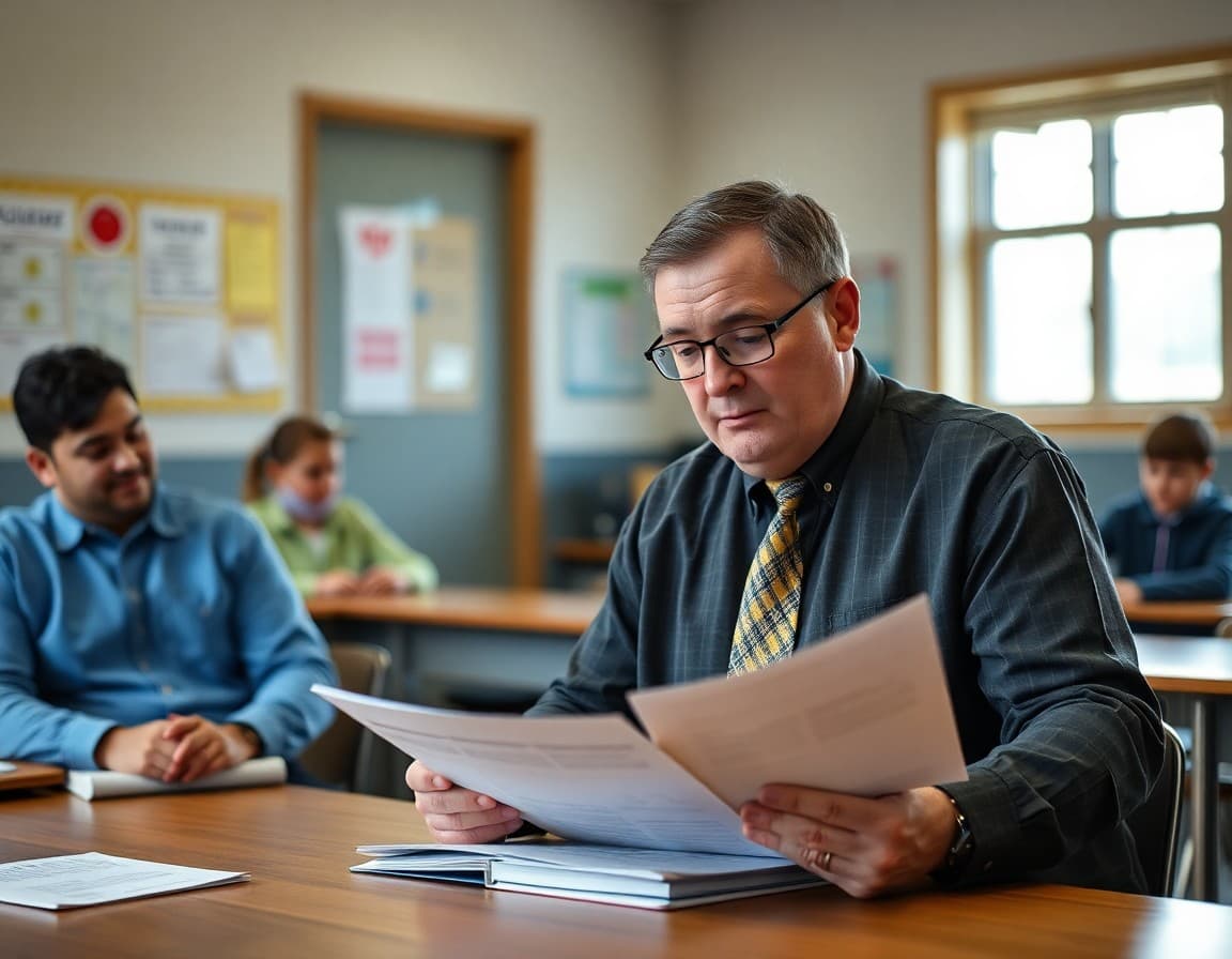 A Virginia rural school principal reviewing family communication materials in a Southside tobacco county school