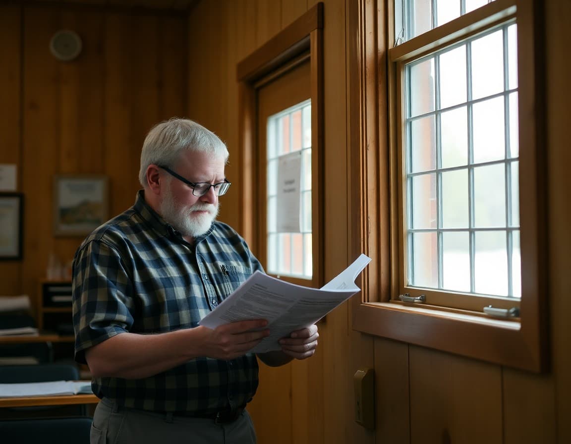 A Vermont small town rural school principal reviewing family communication materials near a wood-framed window