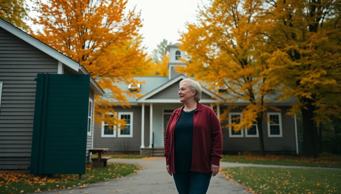 A Vermont rural school in the Northeast Kingdom surrounded by autumn maple trees with a teacher outside