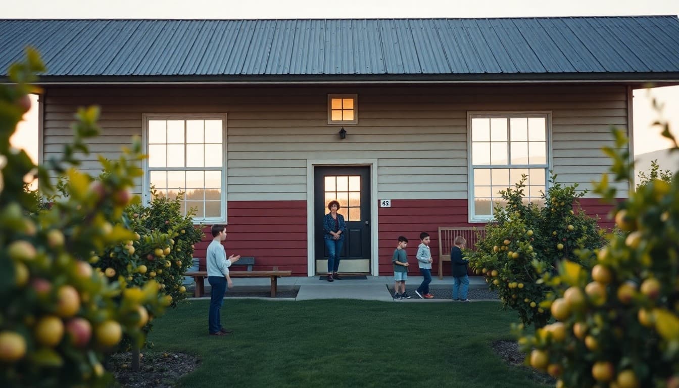 Washington state rural school building in the Yakima Valley surrounded by apple orchards