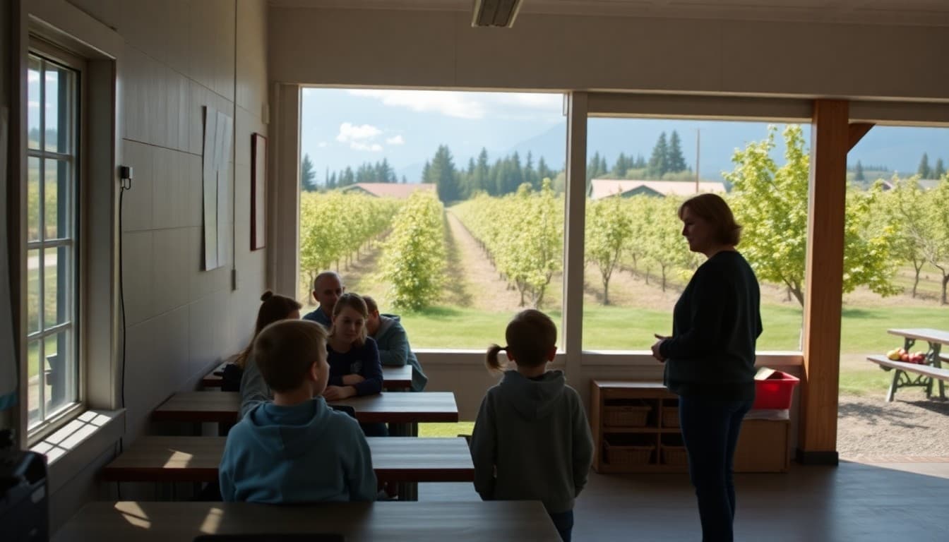 A Washington state rural school near the Cascades with apple orchards in the background and a teacher outside