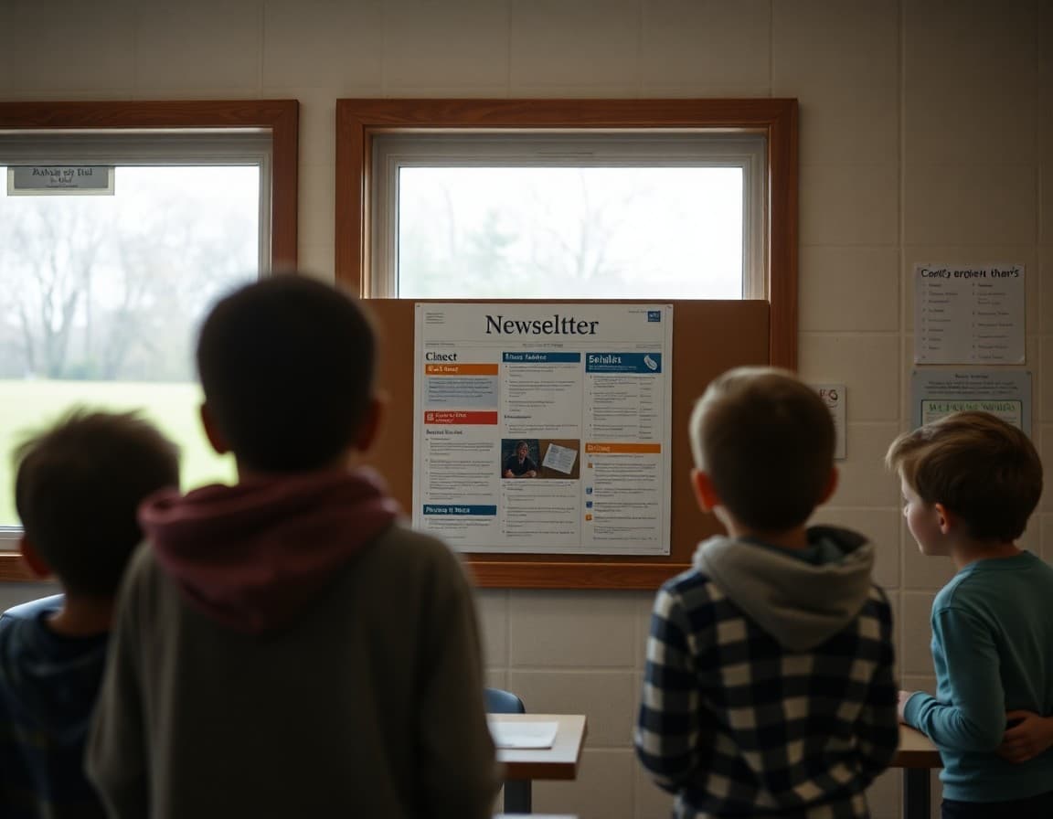 Newsletter on a bulletin board in a Wisconsin agricultural community school serving diverse families