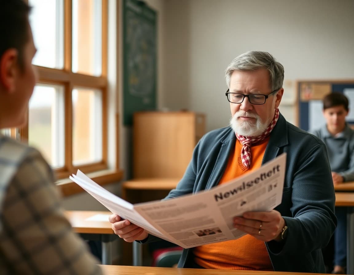A Wisconsin rural school principal reviewing bilingual newsletter materials for Hispanic dairy farming community families