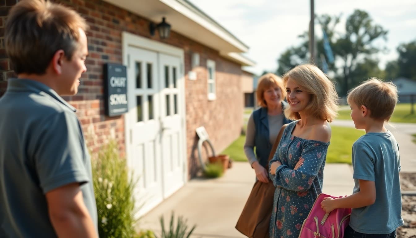 A Wisconsin rural school near dairy farmland with a teacher greeting families outside on a late summer morning