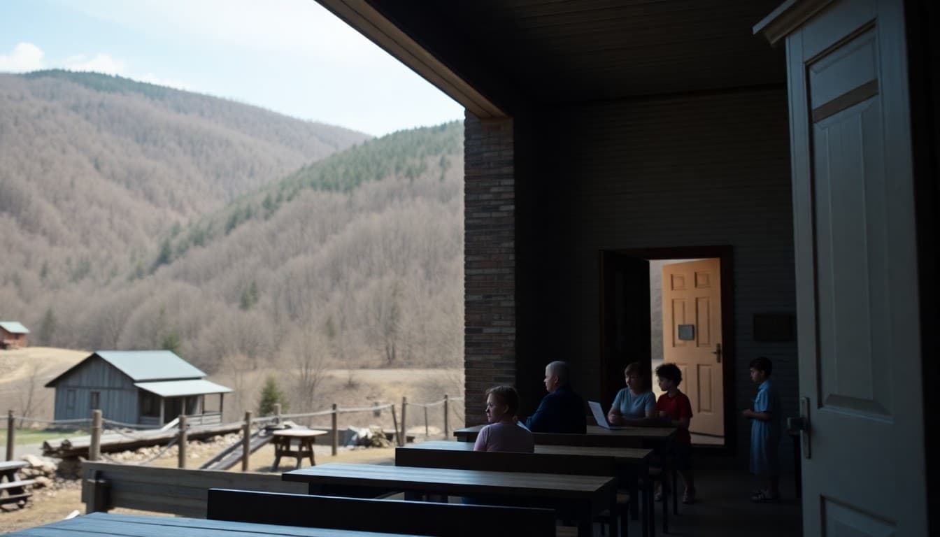 West Virginia Appalachian school building in a mountain coal community surrounded by forested ridges