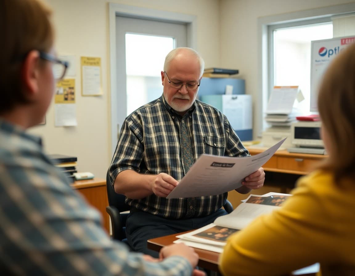A West Virginia rural school principal reviewing family communication materials in a modest school office in McDowell County