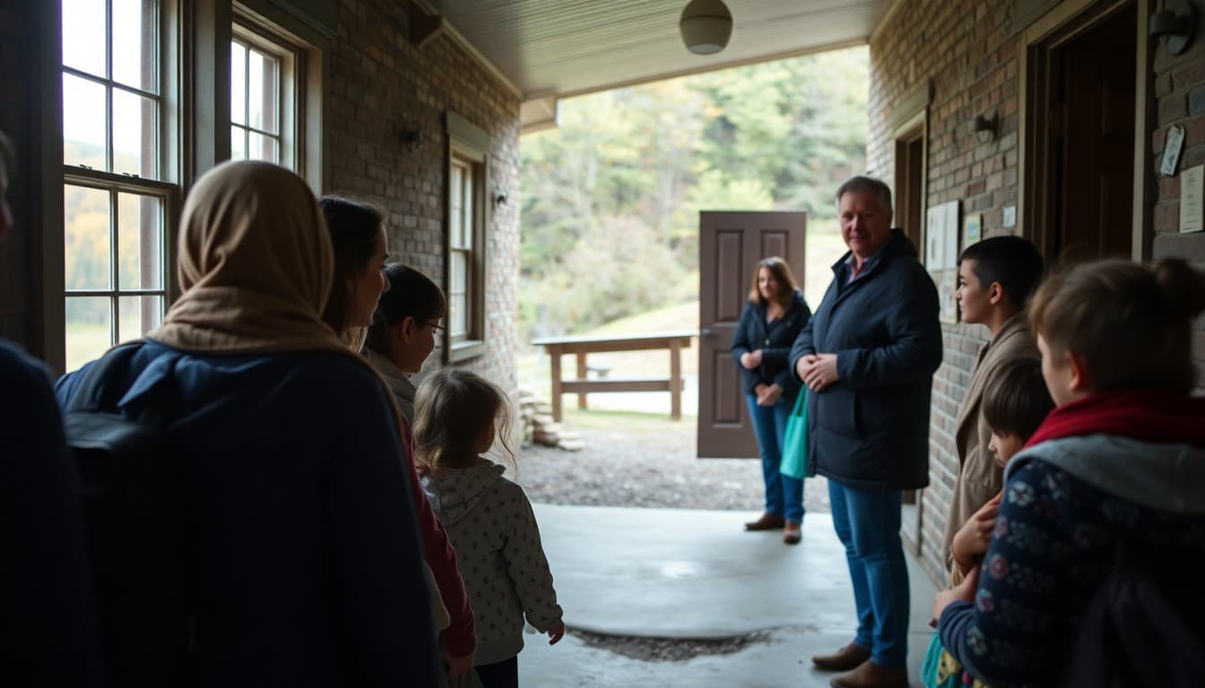 A West Virginia coalfield rural school in a mountain hollow with a teacher greeting families outside