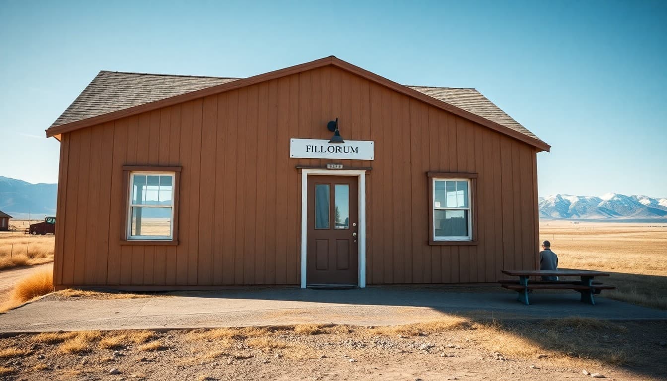 Wyoming rural school building near the Wind River Range with open rangeland and mountains visible
