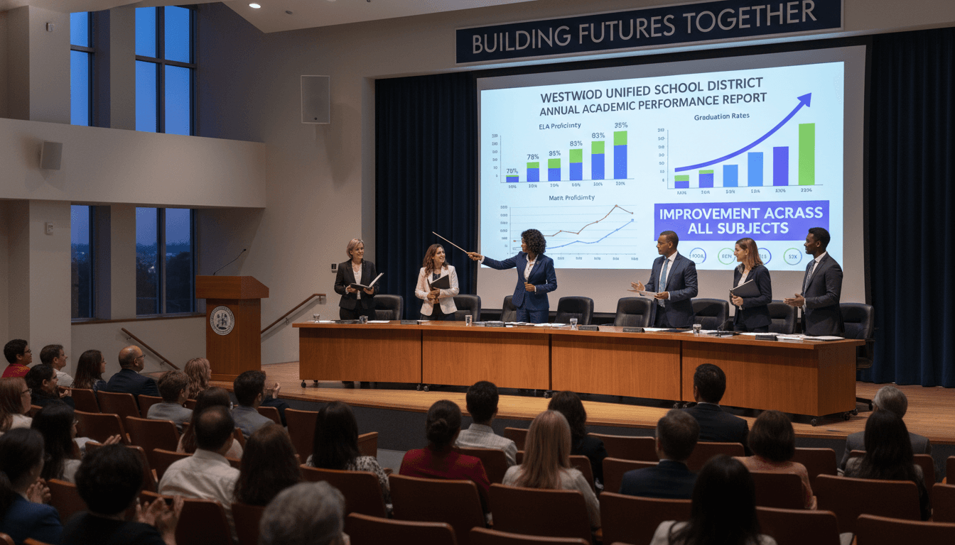 School board members reviewing annual academic achievement data charts and disaggregated test score reports at a public board meeting
