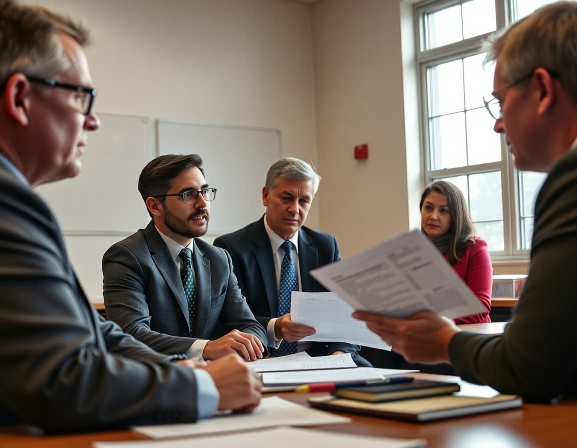 Auditor reviewing school district financial statements with board finance committee