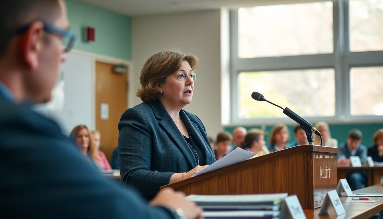School board treasurer presenting clean audit results at public board meeting podium