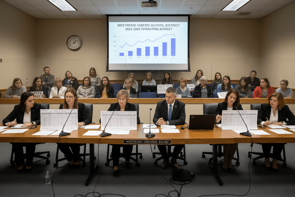 A district finance director presenting budget documents to a community forum with families and community members seated in rows reviewing printed budget summaries