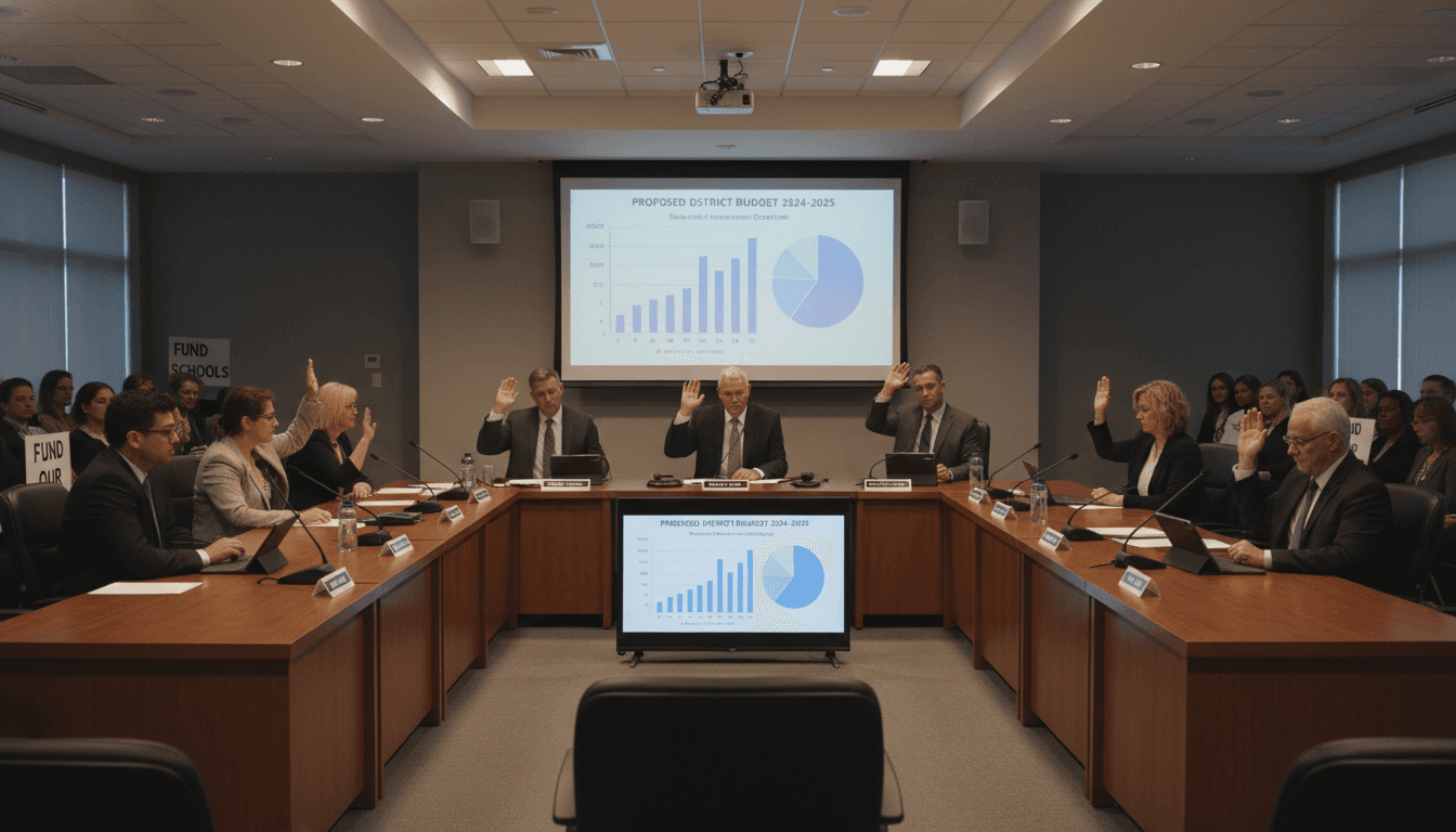 School board members reviewing budget documents at a governance table with graphs and financial projections projected on a screen behind them during a public budget hearing