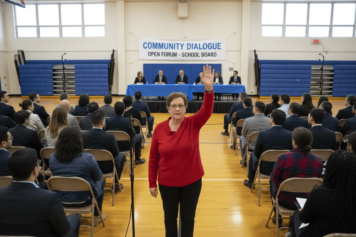 Parent raising hand to speak at a school board community forum with other community members seated nearby and a district staff member taking notes