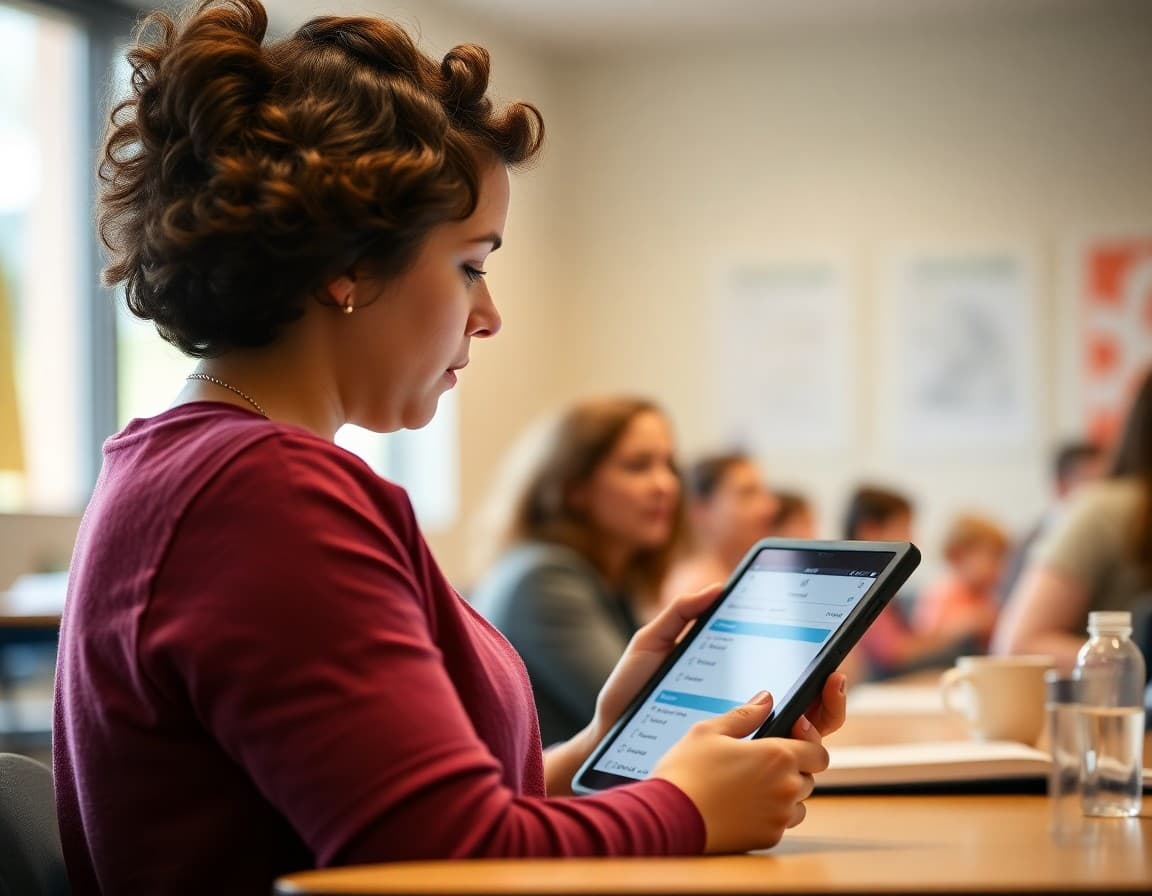 Parent completing school district survey on tablet at community feedback session