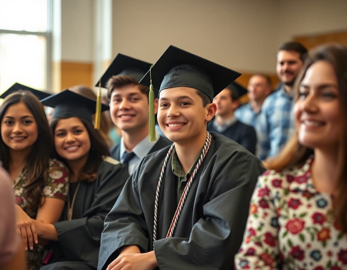High school seniors celebrating graduation milestone at ceremony with families