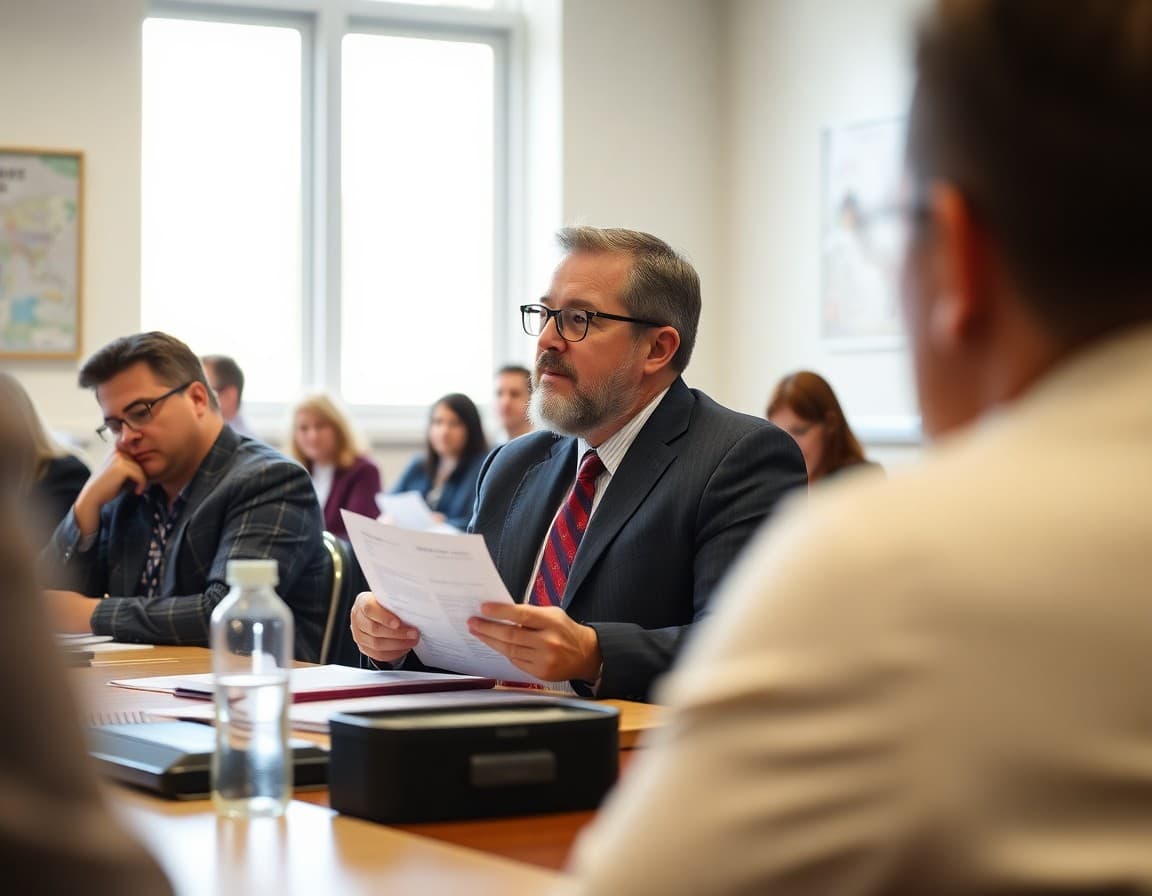 Board member reviewing state education legislation summary at governance meeting