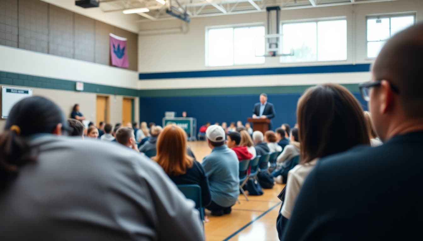 School district official presenting a bond measure overview to community members in a school gymnasium