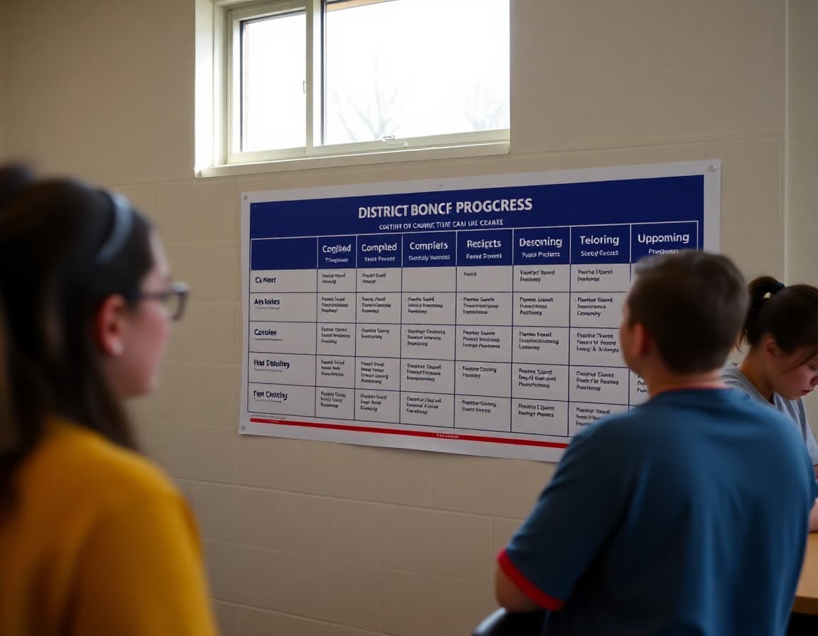 A district bond program progress chart showing completed and upcoming projects
