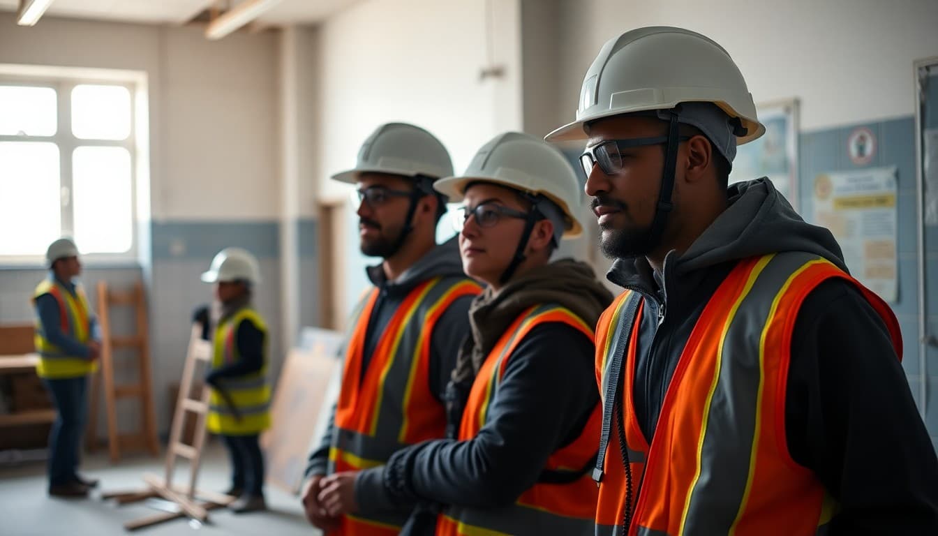 Construction workers at a school renovation site with safety equipment