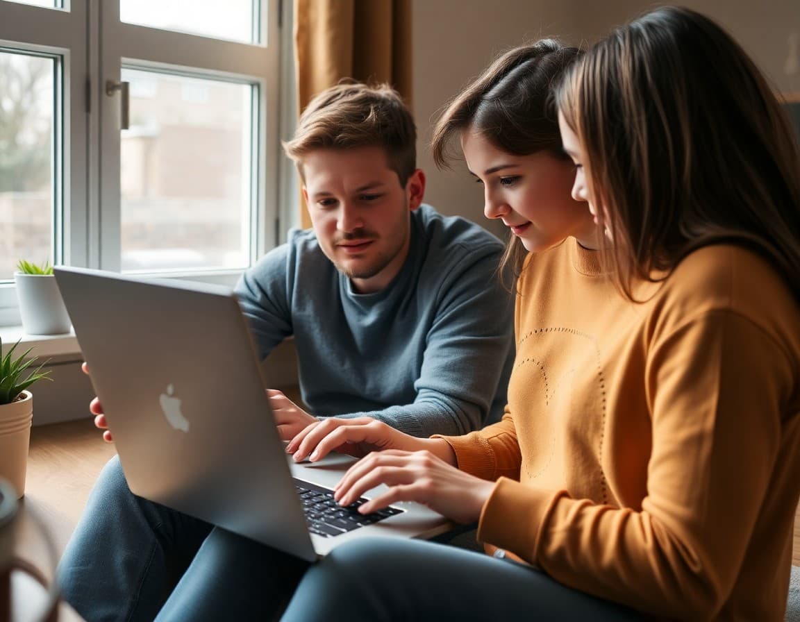 Family looking at a school boundary map on a laptop to find out which school is in their attendance zone