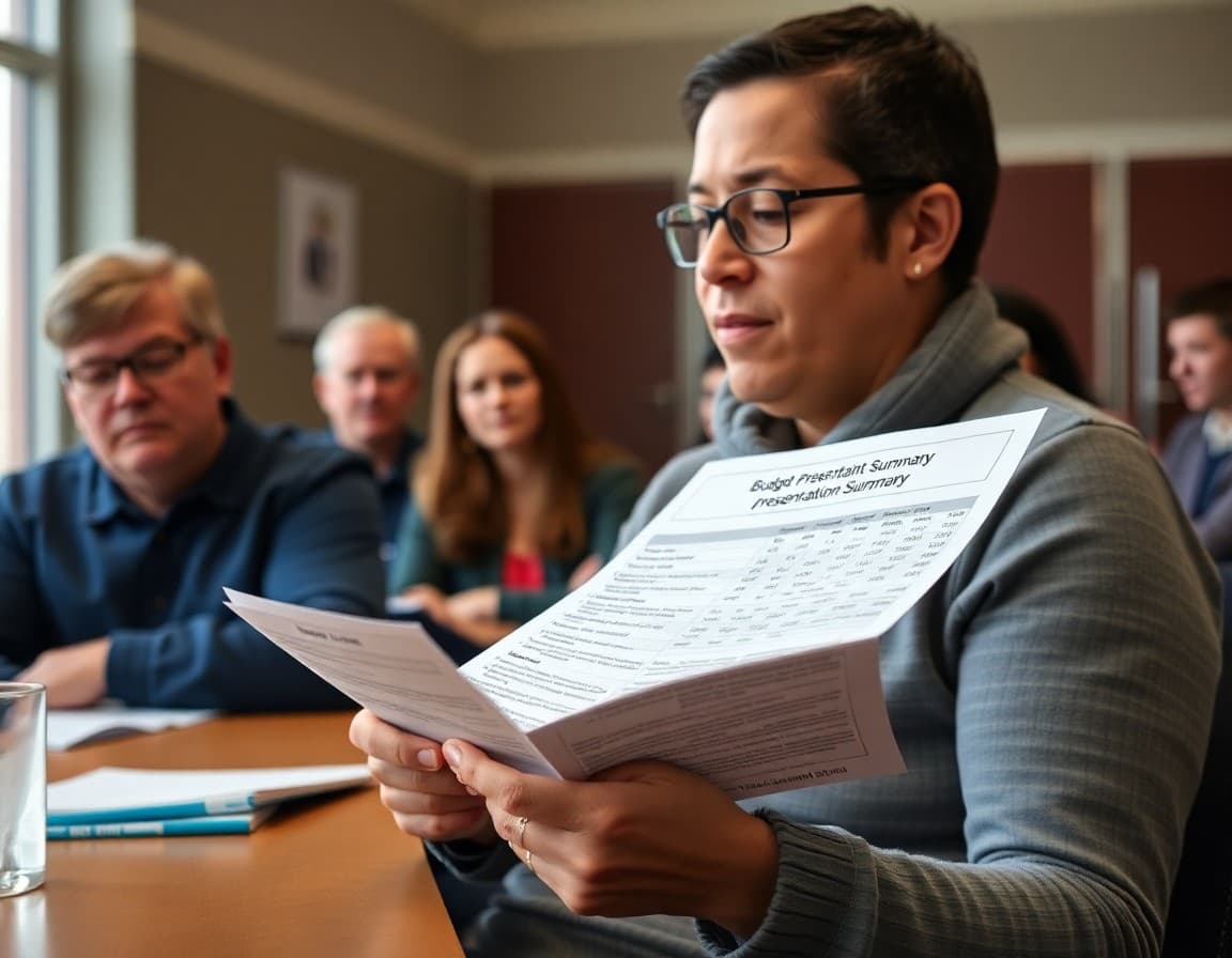 Community member reviewing the budget presentation summary handout after a public board meeting