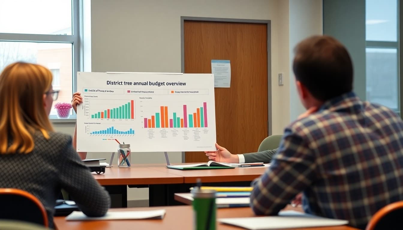 District finance director presenting the annual budget overview with charts and graphs at a board meeting