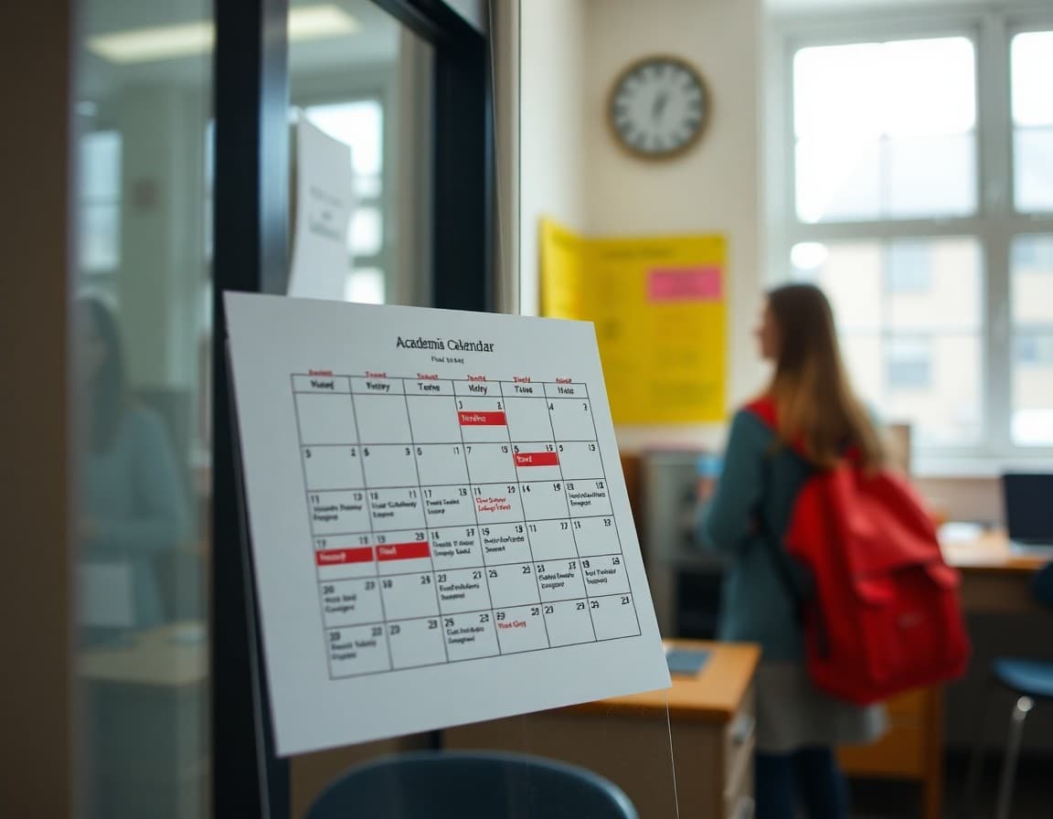 A printed academic calendar with important dates highlighted in a school office