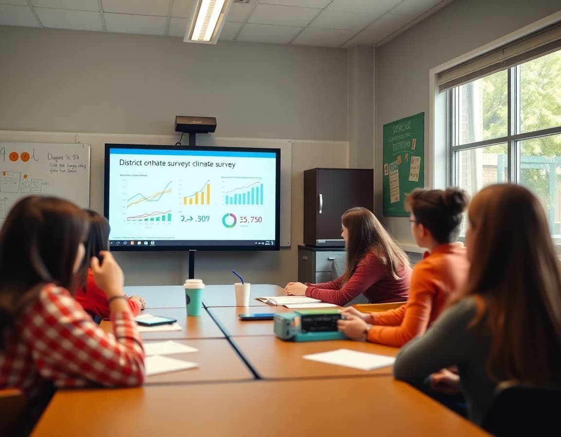 District staff analyzing school climate survey data with charts and trend analysis on a presentation screen