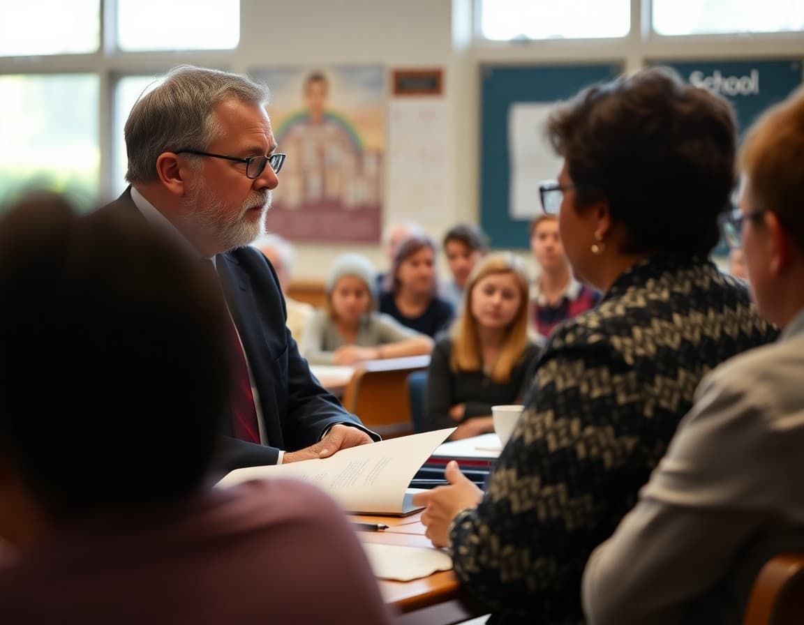 School board chair reading a closed session report statement to the community at a public meeting