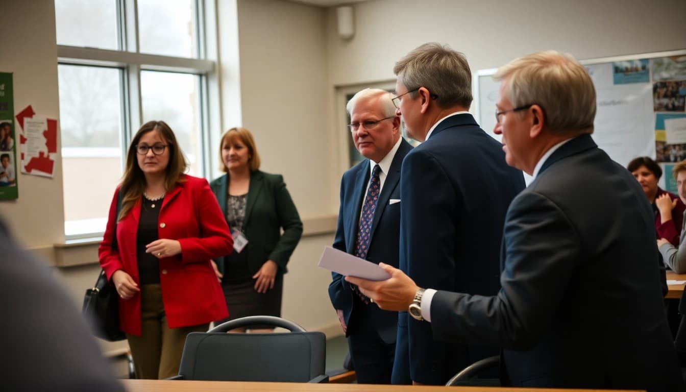 School board members returning from a closed session to announce outcomes at a public board meeting