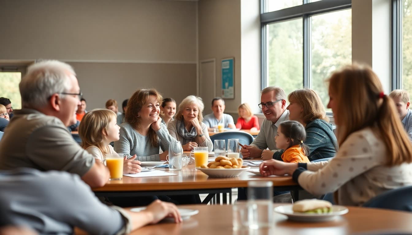 Families and school board members chatting at tables during a community breakfast event
