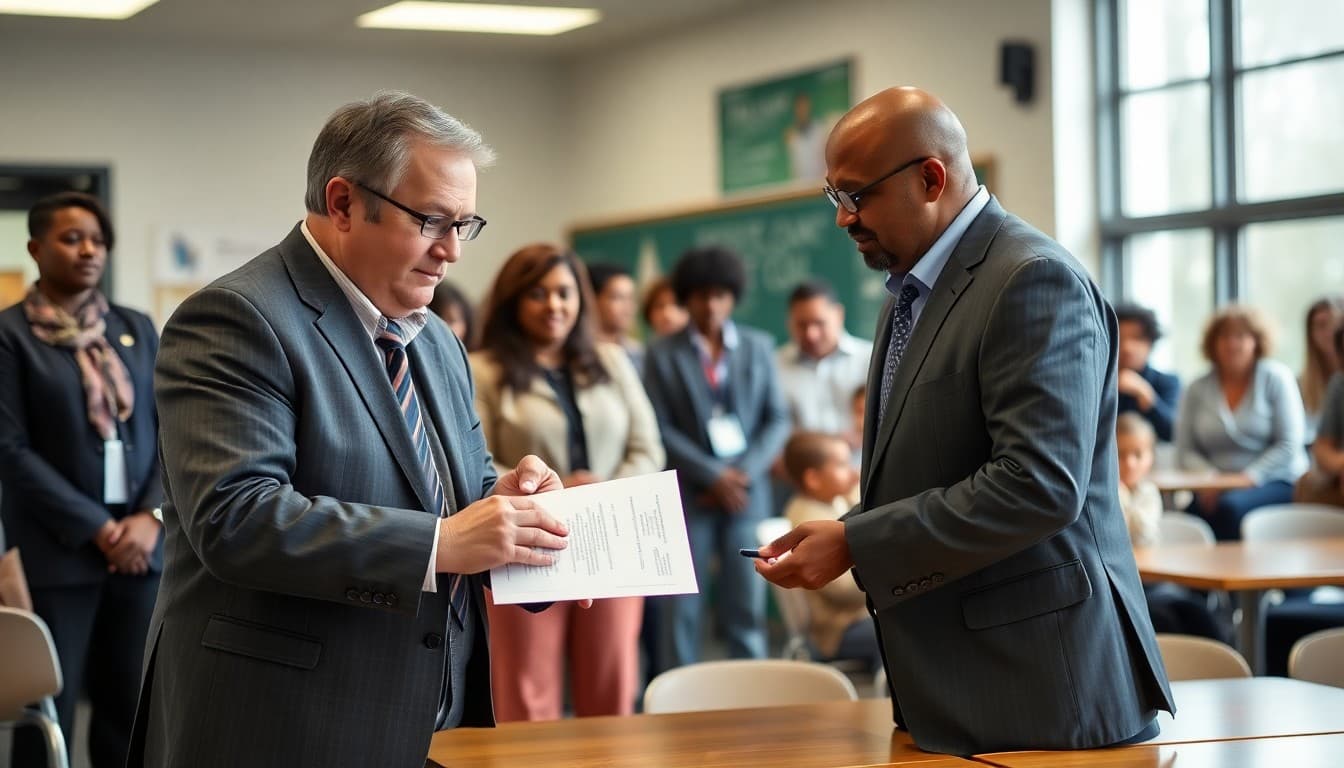 School district superintendent and community organization leaders signing a partnership agreement at a community event