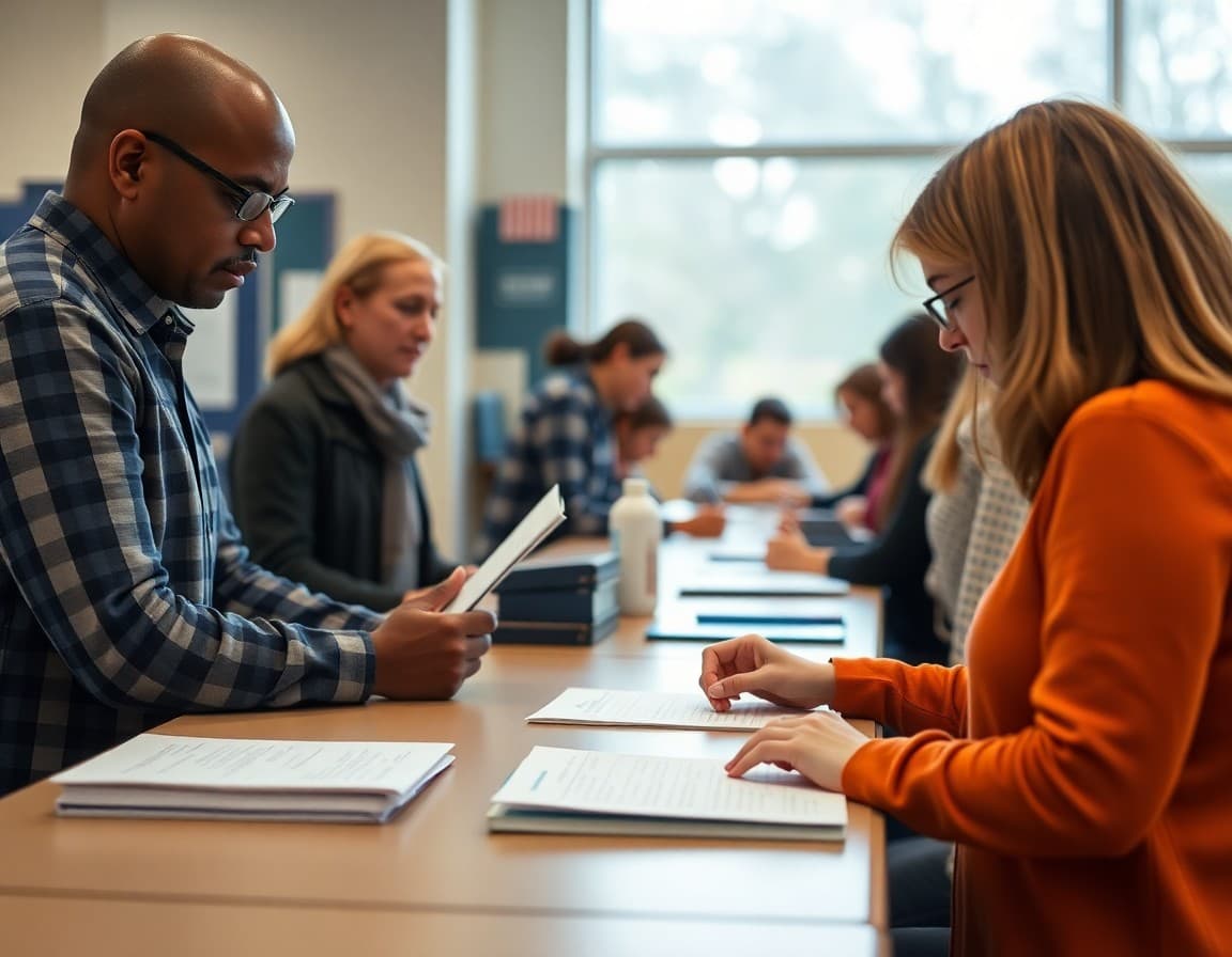Parent signing up for public comment at a school board meeting check-in table