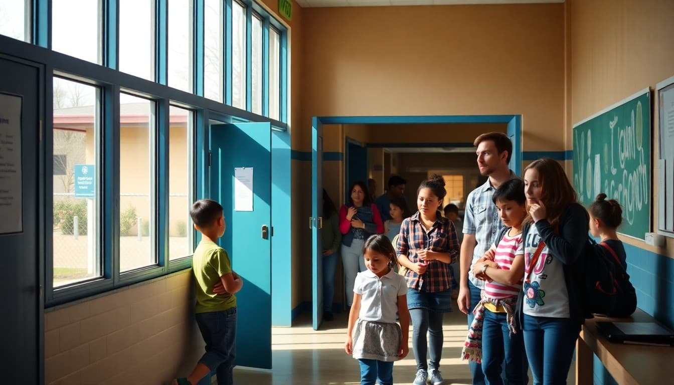 A community school with families, students, and community members in the main entrance