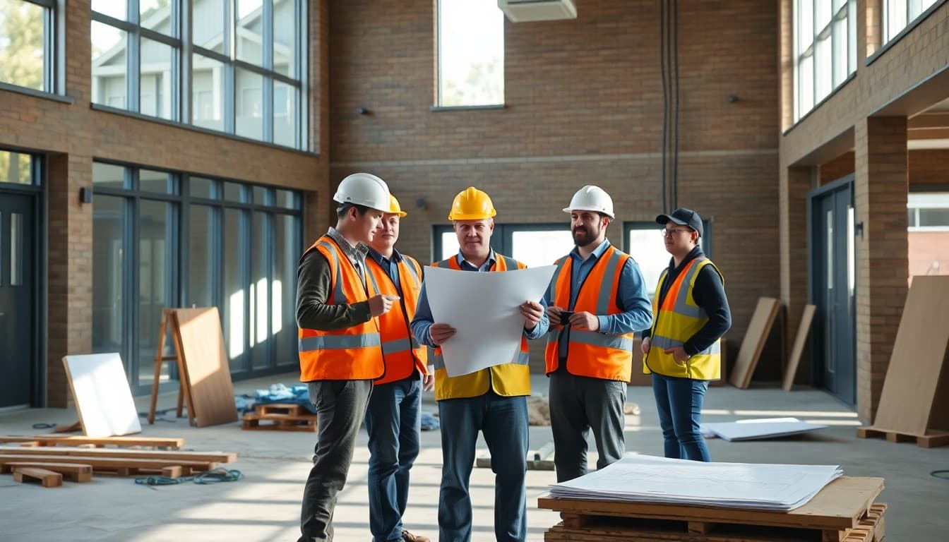 Construction crew working on a new school wing addition with project management team reviewing blueprints on site