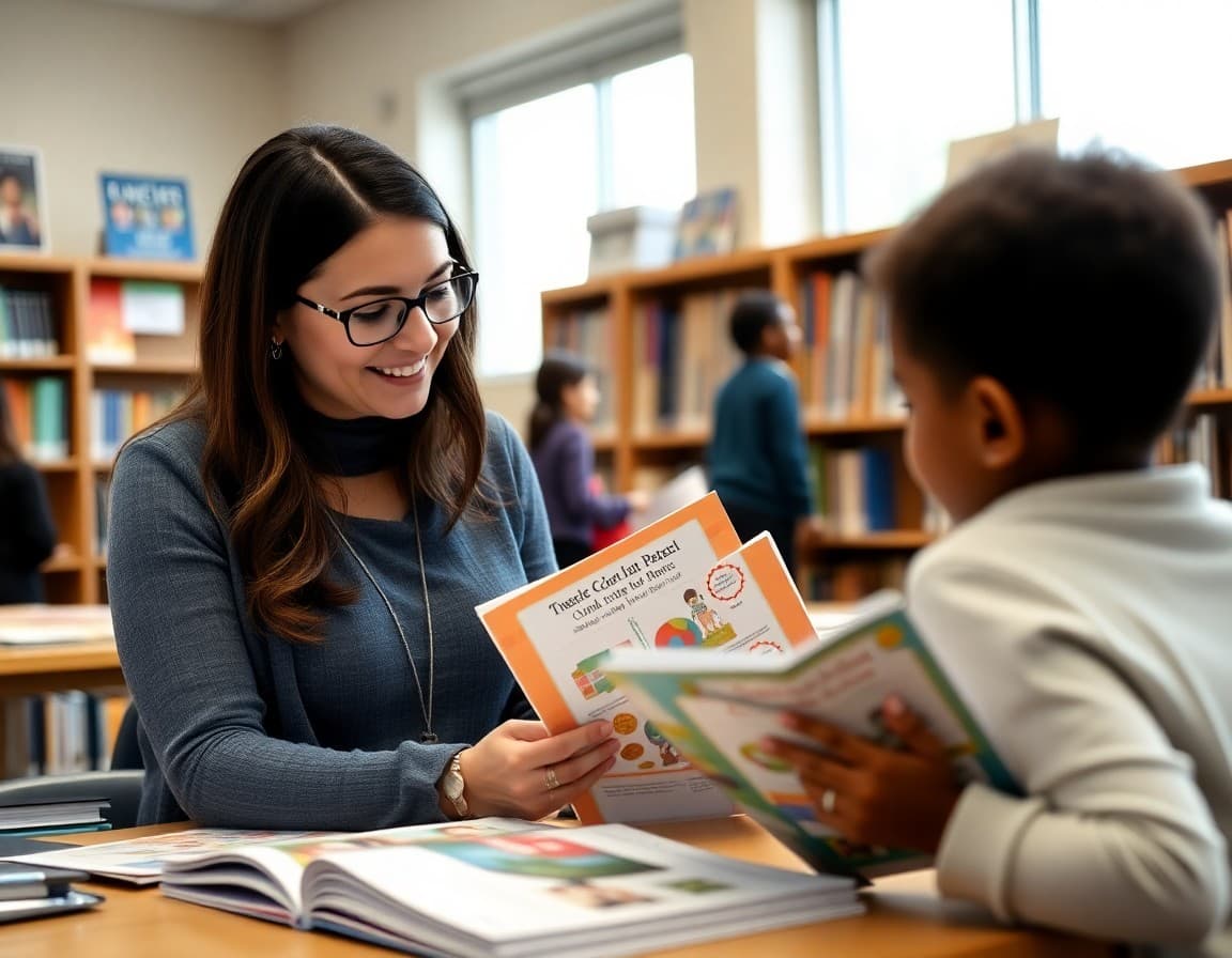 Teacher and parent reviewing curriculum samples during a public curriculum preview event at a school library